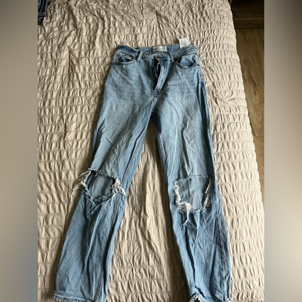 Abercrombie & Fitch Blue Straight Leg Jeans with Distressed Details